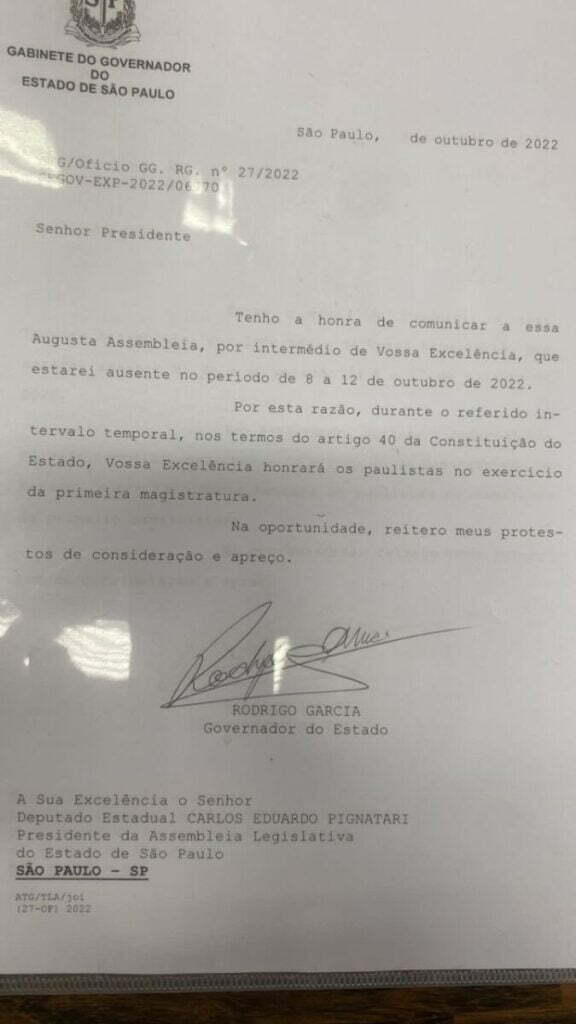 Rodrigo Garcia pede licença do governo de SP; presidente da Alesp assume o cargo