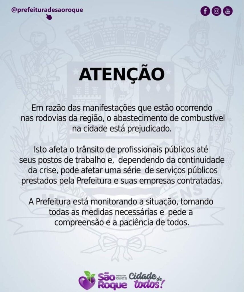 São Roque: prefeitura garante que manifestações já afetam o fornecimento de combustível