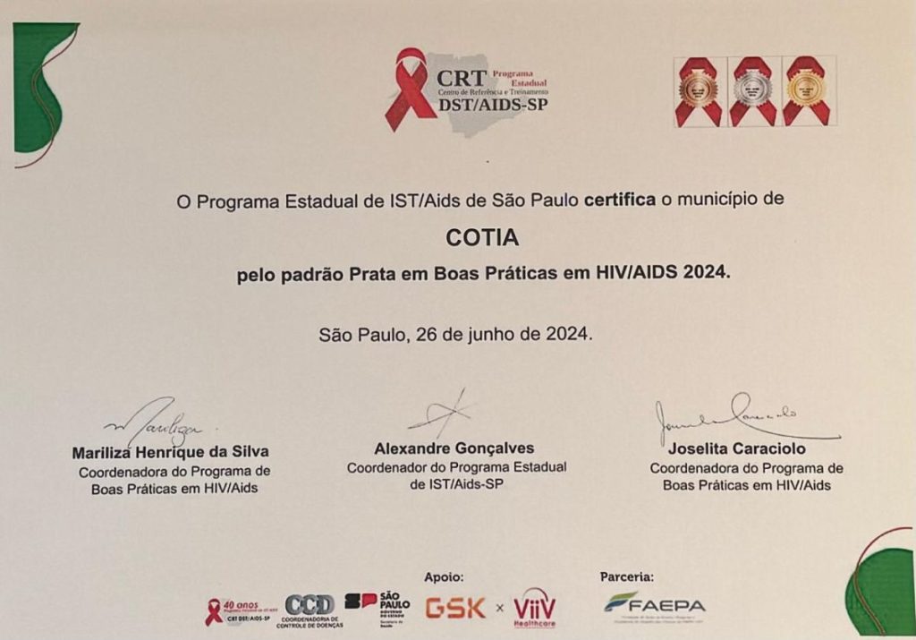 Saúde de Cotia recebe selo estadual que reconhece “Boas Práticas em HIV/AIDS”