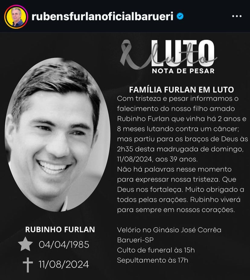 LUTO: Políticos lamentam a morte de Rubinho Furlan