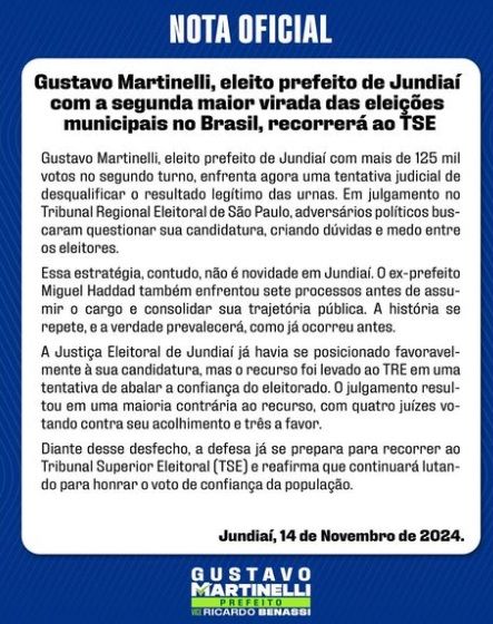 Jundiaí: TRE mantém indeferido registro de candidatura de Gustavo Martinelli