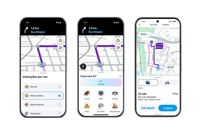 Telas do Waze mostram o Map Mate e opções para personalizar a frequência dos comandos de voz