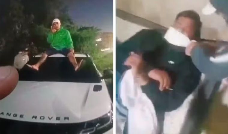 Montagem que mostra o suspeito em cima do carro da vítima e empresário sequestrado em Carapicuíba