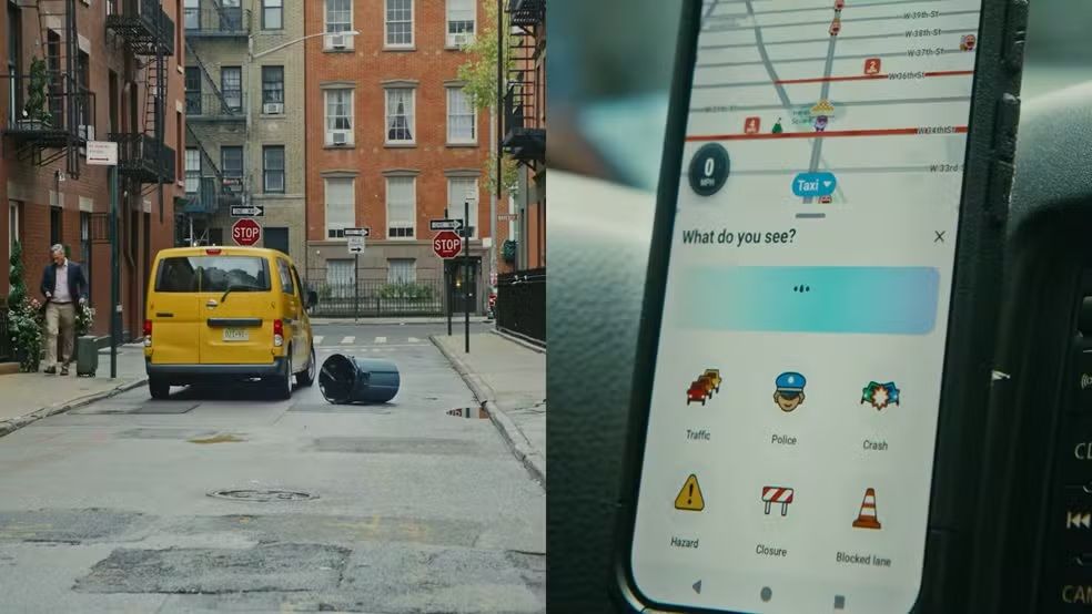 Tela do Waze exibe menu de alertas ao lado de rua com obstáculo na pista