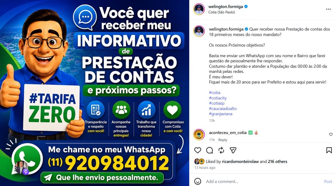 Prefeito Welington Formiga divulga WhatsApp e promete responder moradores de Cotia
