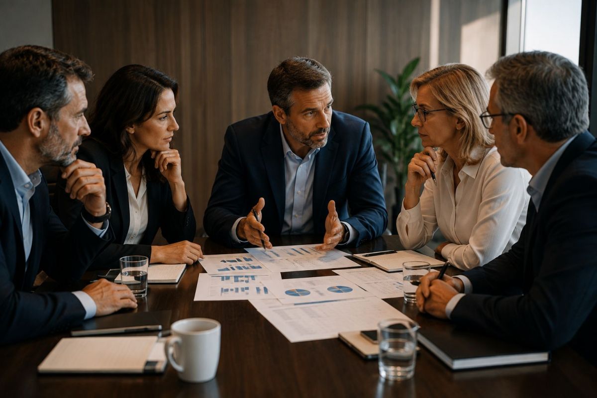 Equipe executiva reunida discutindo alternativas em uma mesa, com foco em como tomar decisão