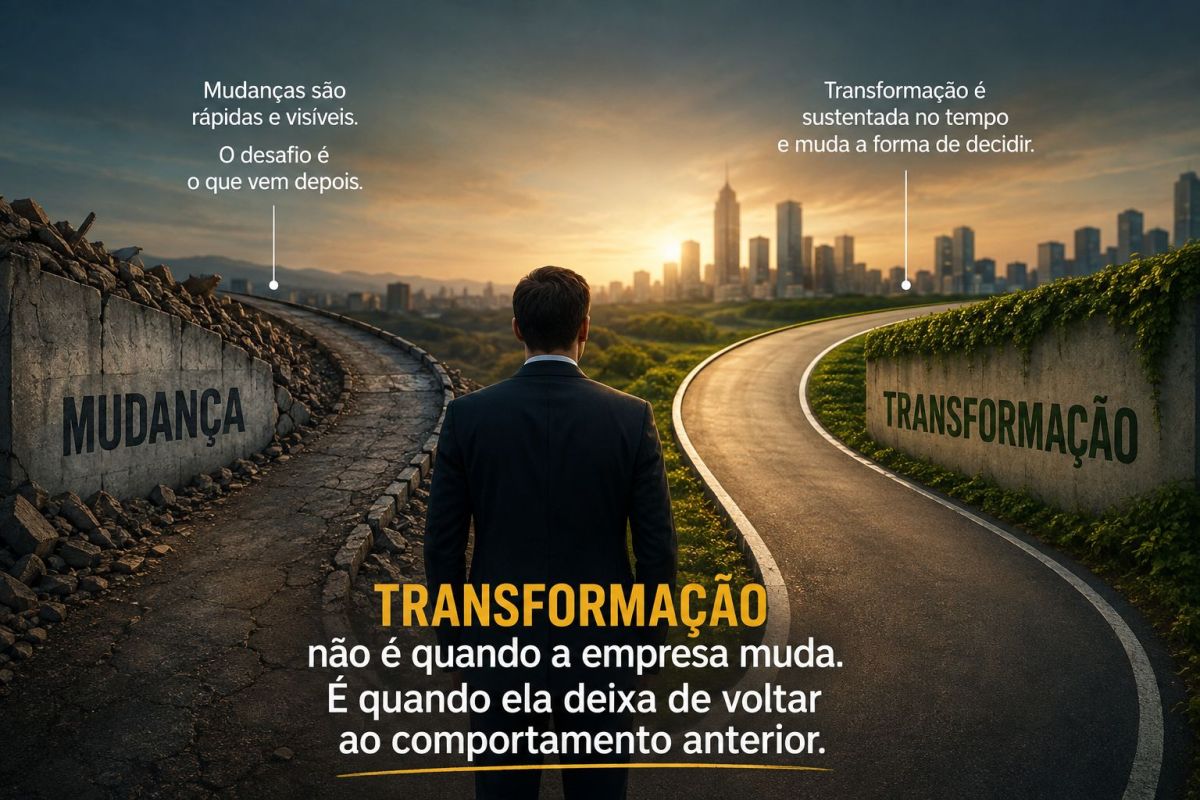Executivo diante de dois caminhos simbolizando a diferença entre mudança e transformação empresarial sustentável.