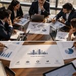 Executivos de diferentes áreas analisando decisões empresariais em uma reunião estratégica.