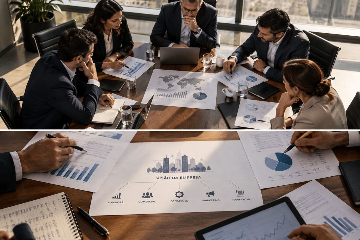 Executivos de diferentes áreas analisando decisões empresariais em uma reunião estratégica.