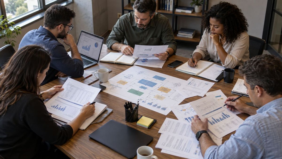 Diagnóstico empresarial durante reunião de análise da empresa